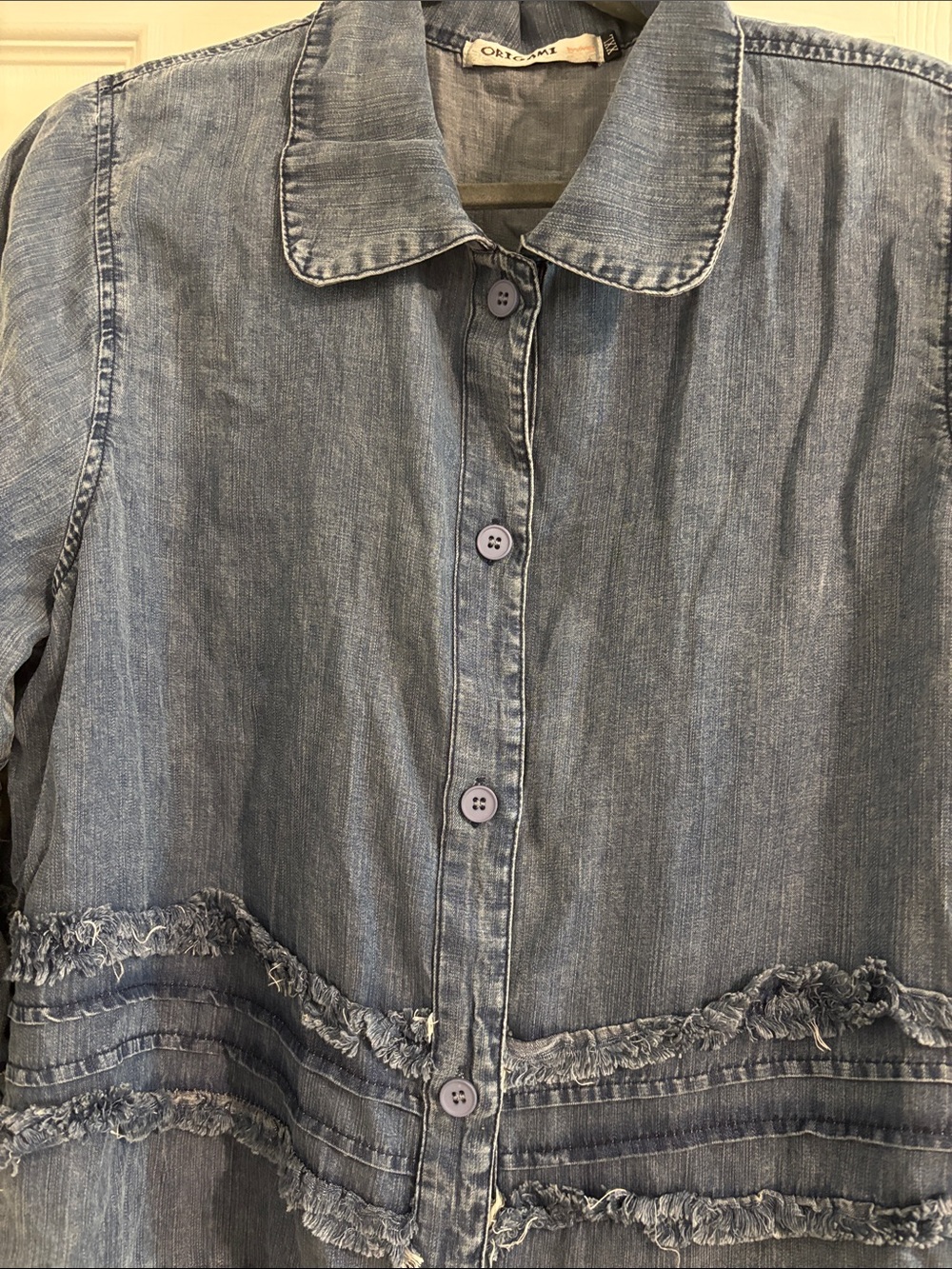 Denim Blue Ruffled Button-Front Women’s Top - Picture 3 of 6